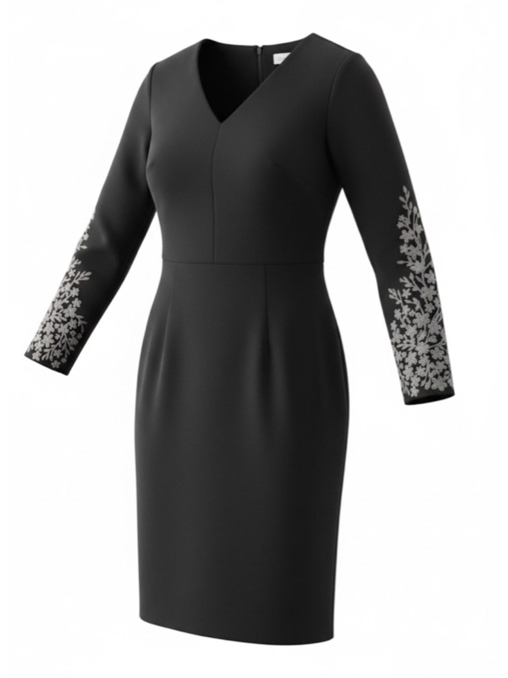 EUC Calvin Klein Black LS Beaded V-Neck Fitted Midi Scuba Cocktail Dress Size 2